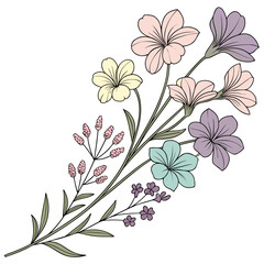 Pastel colored flowers and leaves on white background
