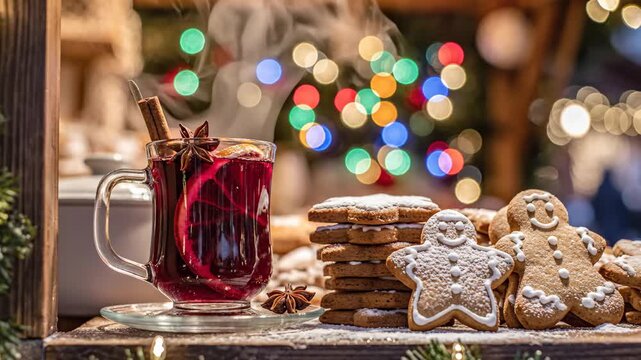 Mulled Wine and Gingerbread at Christmas Market - A close-up of a steaming glass of mulled wine accompanied by a stack of gingerbread cookies, set against a backdrop of colorful, festive bokeh lights