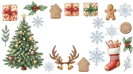 A classic collection of holiday elements featuring a lit Christmas tree, gingerbread cookies, wrapped gifts, reindeer antlers with bells, and a candy-filled stocking.