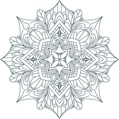 Detailed light gray mandala illustration with symmetrical floral geometry on white background.