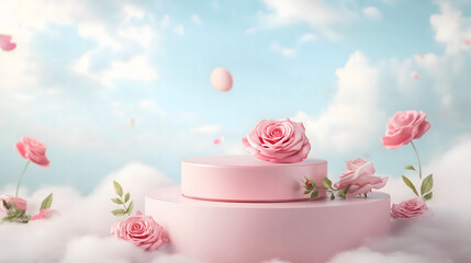 Pink Floral Product Podium with Roses on Dreamy Sky Background