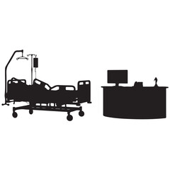 ICU Bed and Hospital Reception Desk Silhouette Icon Sheet – Critical Care, Medical Admission Black Vector Set