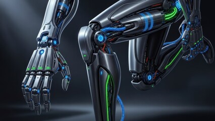 Detailed close-up of futuristic robotic arm and leg with illuminated circuits and cables, highlighting precision mechanics, cybernetic integration, and next-generation exoskeleton prosthetic systems

