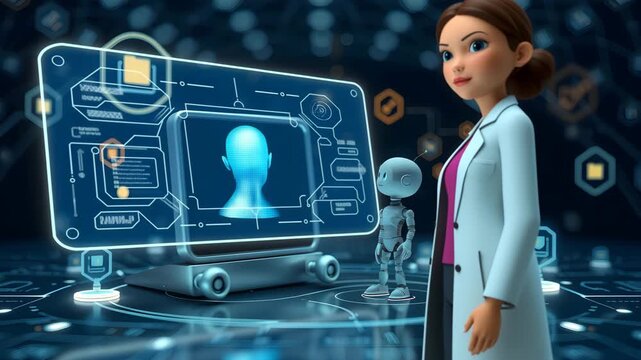 holographic ai projection talking to woman on transparent display in dark laboratory