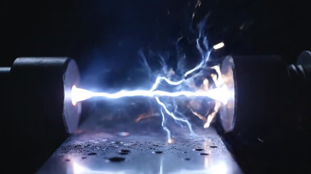 Electric Discharge Arcing Between Electrodes - A close-up shot showcases a powerful, vibrant blue electric discharge arcing dynamically between two metallic electrodes positioned in a dark setting.