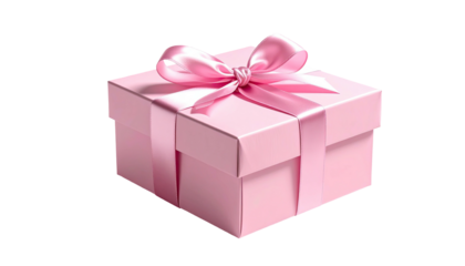 Pink gift box with satin ribbon and bow, isolated on black