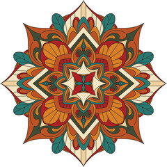 Colorful ethnic mandala with layered geometric shapes in red, green, and gold tones.