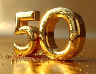 Golden 3D rendered number 50 standing on reflective surface