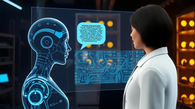holographic ai projection talking to woman on transparent display in dark laboratory