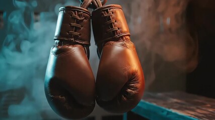 Dramatic scene of worn boxing gloves waiting in a locker room before a match with blue ambient light and swirling smoke clouds creating a tense mood