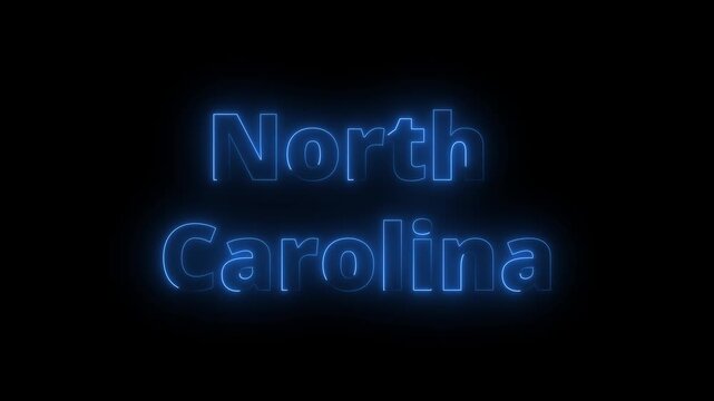 Abstract neon blue glowing North Carolina city text animation on black background. 4k video