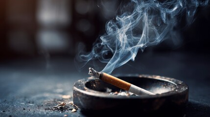 A close-up shot of a burning cigarette in a dark ashtray, smoke rising against a blurred background