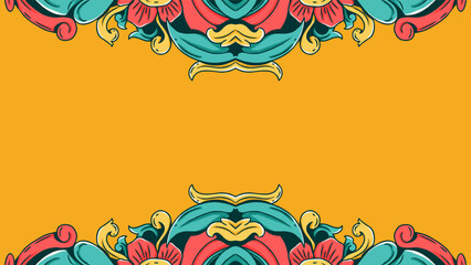 Yellow background with decorative floral frame elements in vibrant colors. Theme Warm, happy, celebratory. for Event posters, festive invitations, promotional graphics.