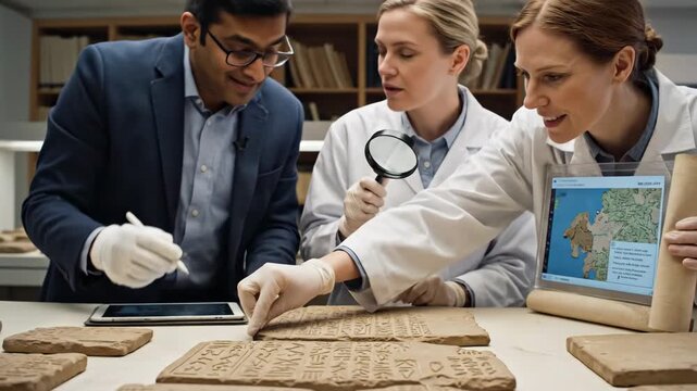 Historians Authenticating Newly Discovered Artifacts - A curator and two historians collaborate, examining newly discovered artifacts with magnifying glass, writing tools and tablet device,