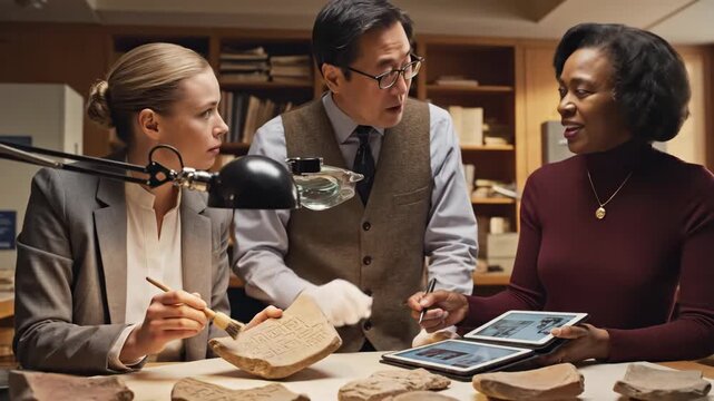 Historians Authenticating Newly Discovered Artifacts - A diverse team of historians and a curator collaborate to authenticate newly discovered artifacts.