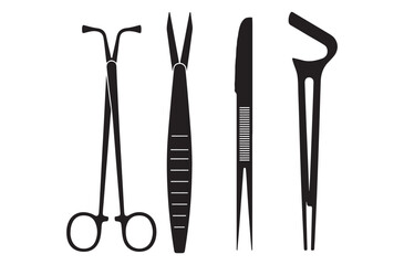 Surgery Tools Silhouette Icon Sheet – Surgical Instruments, Medical Operation Black Vector Set
