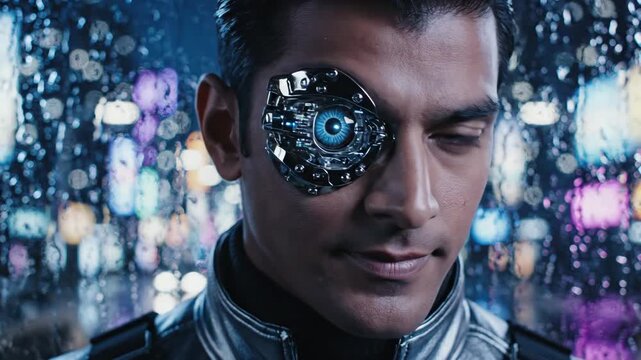 Cybernetic Eye Technology - Close-up of a man's face with a futuristic cybernetic eye implant, glowing blue. The background is blurred with bokeh lights, possibly from a rainy urban setting.