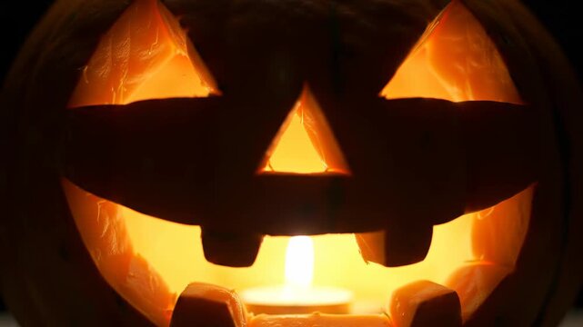 Illuminated Jack-o'-lantern with candle glowing, Halloween pumpkin carving with scary face. - Powered by Adobe