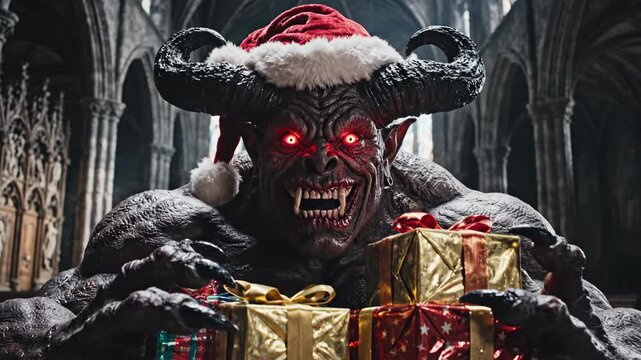 Scary Christmas Demon with Gifts - A frightening demon with horns and glowing red eyes wears a Santa hat and clutches a stack of wrapped Christmas gifts in a dark church.
