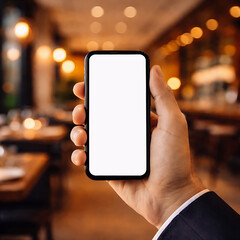 Ecommerce Online Shopping Lifestyle Concept &ndash; Hand Holding Smartphone With Blank Screen in Restaurant