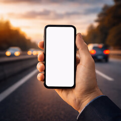 Ecommerce Online Shopping Travel Concept &ndash; Hand Holding Smartphone With Blank Screen on Highway