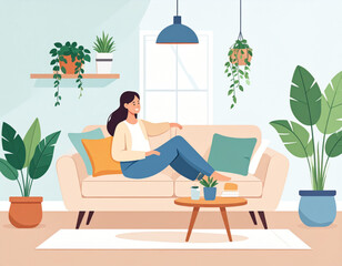 Obraz premium A woman relaxing comfortably on a sofa in a cozy living room filled with numerous green houseplants and natural light.