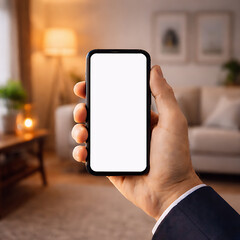 Ecommerce Online Shopping Home Concept &ndash; Hand Holding Smartphone With Blank Screen in Living Room