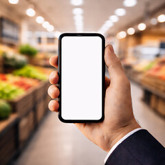 Ecommerce Online Shopping Grocery Concept &ndash; Hand Holding Smartphone With Blank Screen in Supermarket