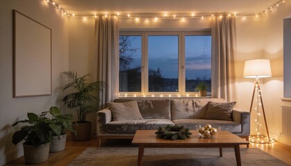 Cozy modern living room with subtle warm fairy lights, neutral decor with minimal festive touches, soft evening glow, empty wall area perfect for copy space, realistic commercial property style