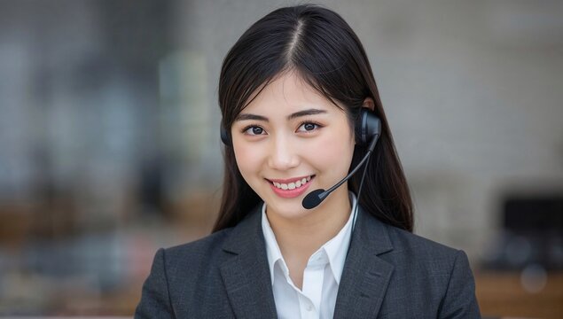 若くてかわいい日本人女性の電話オペレーター、グレーのジャケットと白いシャツを着て微笑んでいる