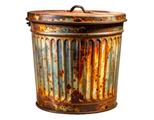 Weathered, rusty metal container with lid, handle, & vertical lines