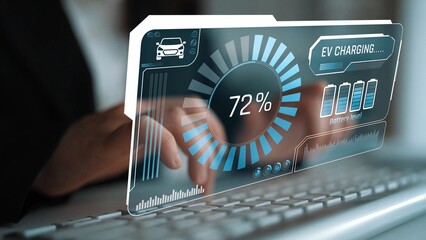Charging interface for electric vehicles showing real-time battery level, charging status, power output, station location, and navigation for efficient energy management Marrow
