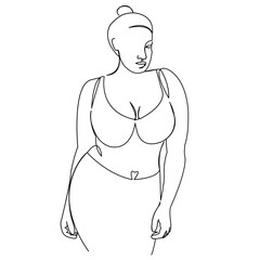One continuous single drawing line art doodle female, size, plus, fat, young, girl, model, fashion, overweight, beautiful, sexy, bodypositive. Isolated flat illustration hand draw contour on a white b