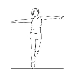 One continuous single drawing line art flat doodle female, girl, young, dance, woman, happy, model, fashion. Isolated image hand draw contour on a white background
