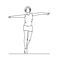 One continuous single drawing line art flat doodle female, girl, young, dance, woman, happy, model, fashion. Isolated image hand draw contour on a white background
