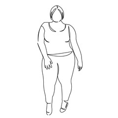 One continuous single drawing line art doodle female, size, plus, fat, young, girl, model, fashion, overweight, beautiful, sexy, bodypositive. Isolated flat illustration hand draw contour on a white b