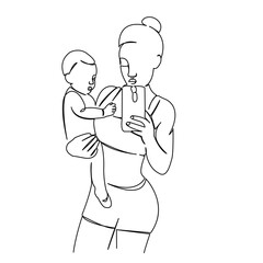 One continuous single drawing line art flat doodle mother, child, sport, fitness, healthy. Isolated image hand draw contour on a white background
