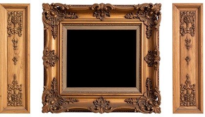 Ornate gold-toned frame with side panels. Empty center. Elegant decor
