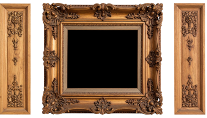 Ornate gold-toned frame with side panels. Empty center. Elegant decor