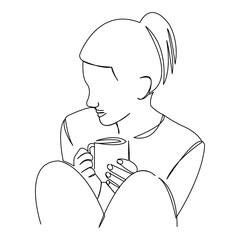 One continuous single drawing line art flat doodle cup, tea, girl, drink, female, coffee, beauty, hot, beverage. Isolated image hand draw contour on a white background
