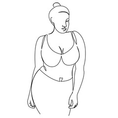 One continuous single drawing line art doodle female, size, plus, fat, young, girl, model, fashion, overweight, beautiful, sexy, bodypositive. Isolated flat illustration hand draw contour on a white b