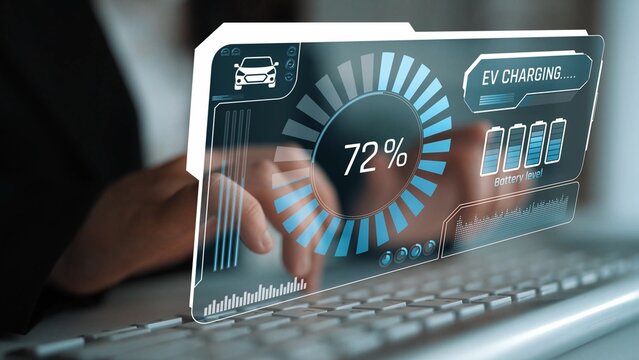 Charging interface for electric vehicles showing real-time battery level, charging status, power output, station location, and navigation for efficient energy management Marrow - Powered by Adobe