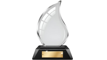 A stylized glass flame-shaped award trophy on a black base with a gold plaque