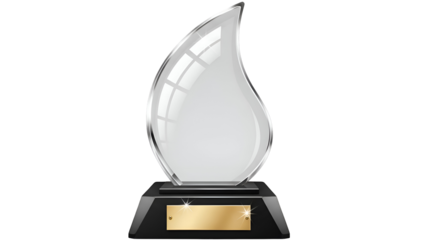A stylized glass flame-shaped award trophy on a black base with a gold plaque