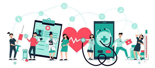 Modern healthcare and medical technology illustration with doctors, patients and digital health icons