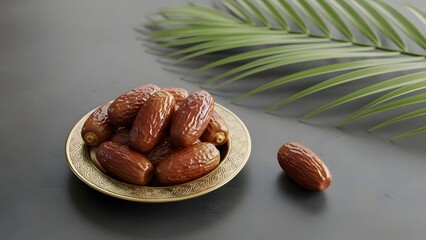 Dates on a plate with palm leaf