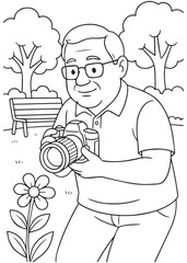Coloring book Dad photographing flower in park