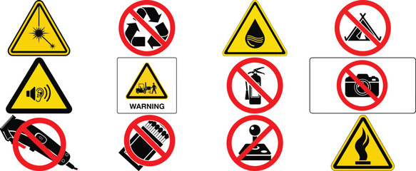 Hazard & Prohibition Sign Grid &ndash; Safety Symbols for Chemical, Electrical, Mechanical, and Behavioral Risks