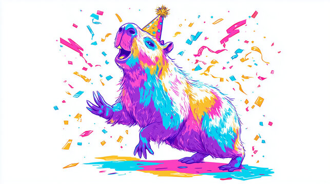 dancing capybara with colorful confetti at the party