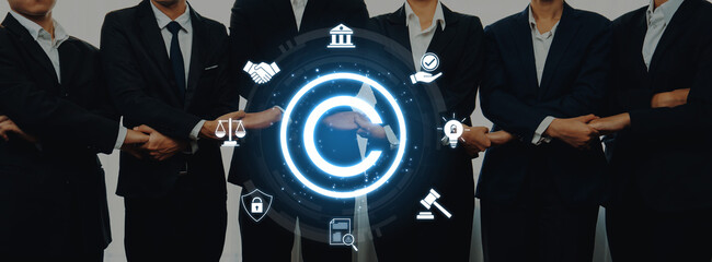 A united business team in formal suits stands together, featuring digital icons that symbolize law, partnership, security, and innovation for an impactful visual representation. Trope © InfiniteFlow